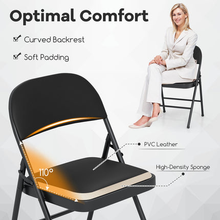 Folding Chairs, Padded PVC Leather, Metal Frame, 2-Pack, Black