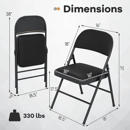 Folding Chairs, Padded PVC Leather, Metal Frame, 2-Pack, Black