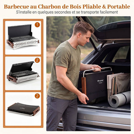Folding Charcoal Grill, 2 Heights, 4-Sided Ventilation, Black