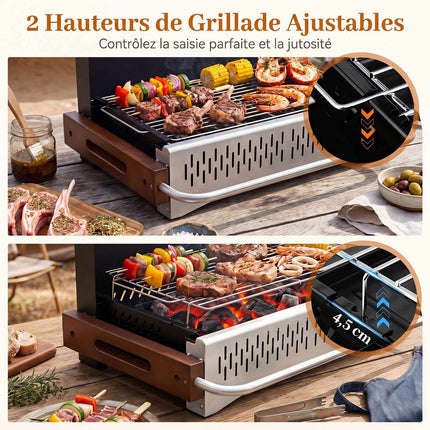 Folding Charcoal Grill, Adjustable Heights, 4-Sided Ventilation