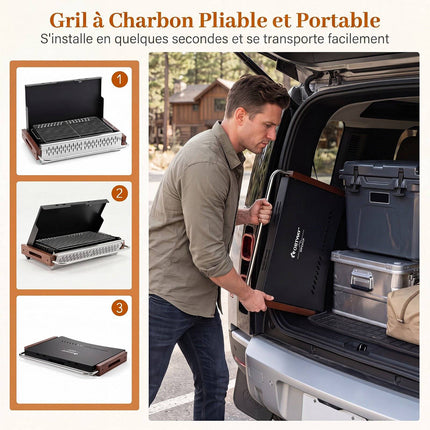 Folding Charcoal Grill, Adjustable Heights, 4-Sided Ventilation