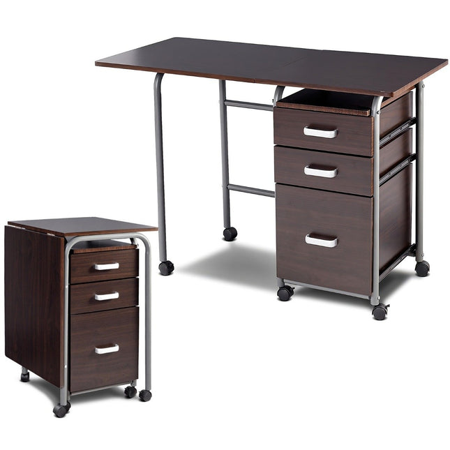 Klappbarer Computertisch, rollbarer Bürotisch mit Metallrahmen, 105 x 50 x 75 cm, Braun