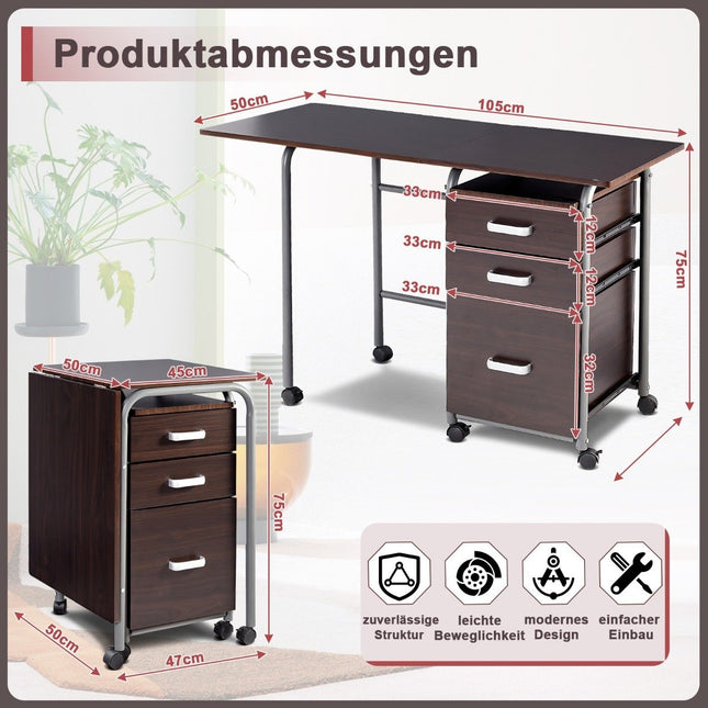 Klappbarer Computertisch, rollbarer Bürotisch mit Metallrahmen, 105 x 50 x 75 cm, Braun