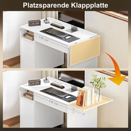 Klappbarer Computertisch mit Schrank und Schublade, Weiß