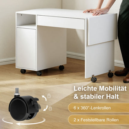 Klappbarer Computertisch mit Schrank und Schublade, Weiß