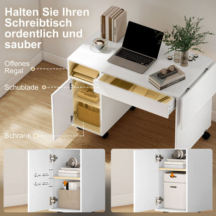 Klappbarer Computertisch mit Schrank und Schublade, Weiß