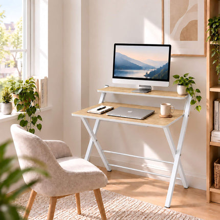 Folding Computer Desk with Monitor Riser, 2 Levels, Natural Wood Effect, White