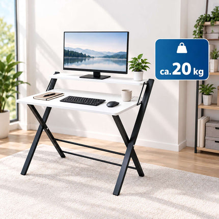 Folding Computer Desk with Monitor Riser and 2 Levels, 20 kg Load, Black Frame