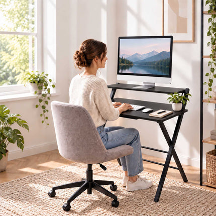Folding Computer Desk with Monitor Shelf and X-Shaped Frame, Black