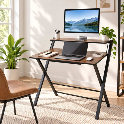 Folding Computer Desk with Monitor Stand, 2 Tiers, Brown Wood Look, Black Frame