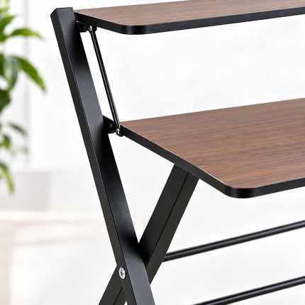 Folding Computer Desk with Monitor Stand, 2 Tiers, Brown Wood Look, Black Frame