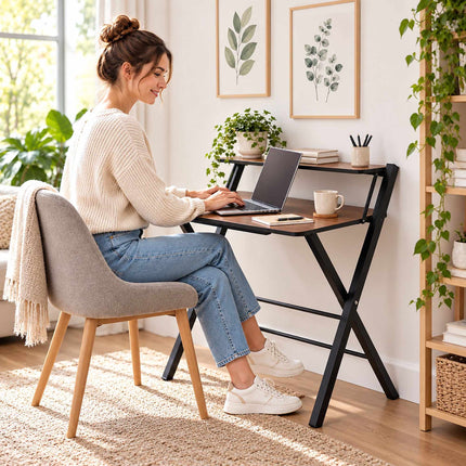 Folding Computer Desk with Monitor Stand, 2 Tiers, Brown Wood Look, Black Frame