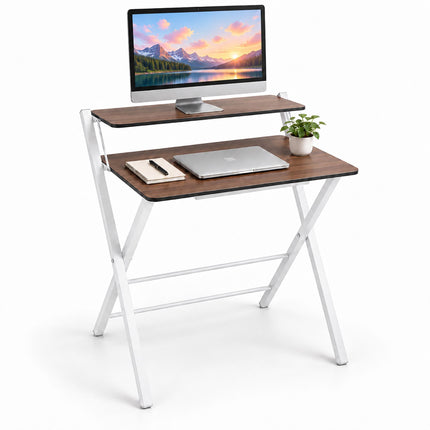 Folding Computer Desk with Monitor Stand, 2 Tiers, Brown Wood Look, White Frame