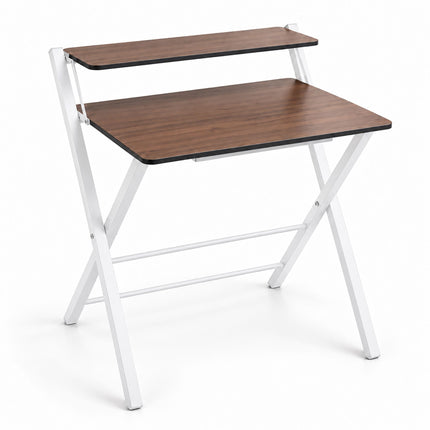 Folding Computer Desk with Monitor Stand, 2 Tiers, Brown Wood Look, White Frame