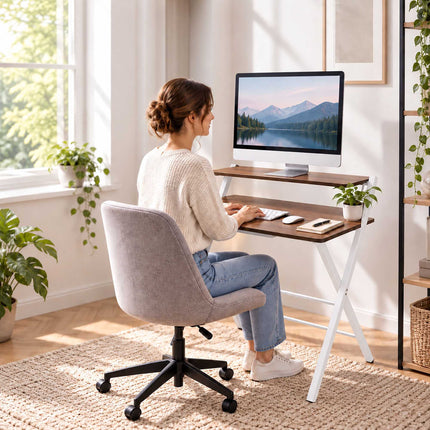 Folding Computer Desk with Monitor Stand, 2 Tiers, Brown Wood Look, White Frame