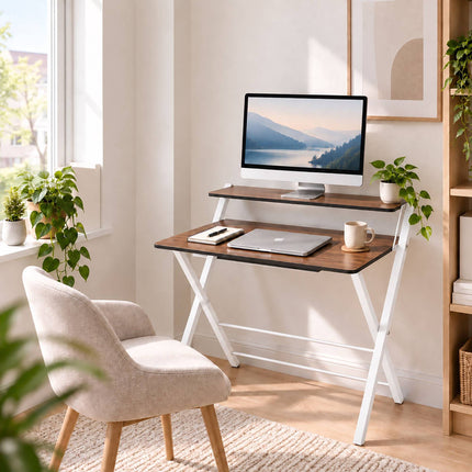 Folding Computer Desk with Monitor Stand, 2 Tiers, Brown Wood Look, White Frame