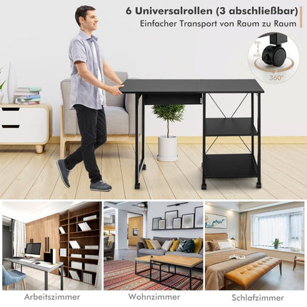 Klappbarer Computertisch mit Regalen & Rollen, Schwarz