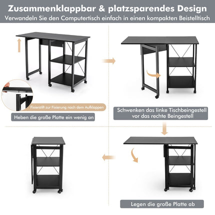 Klappbarer Computertisch mit Regalen & Rollen, Schwarz