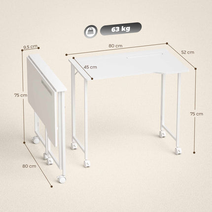 Folding Computer Desk with Wheels, White, 80 x 52 cm