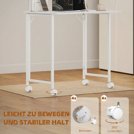 Folding Computer Desk with Wheels, White, 80 x 52 cm