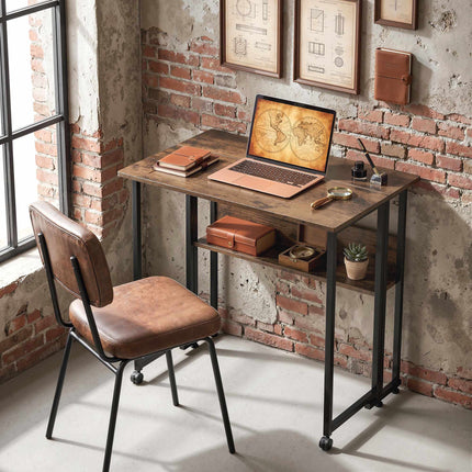 Folding Desk 80 cm With Storage Shelf and Locking Wheels