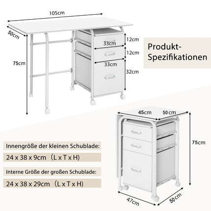 Folding Desk with Wheels Computer Desk 105 x 50 x 75 cm White