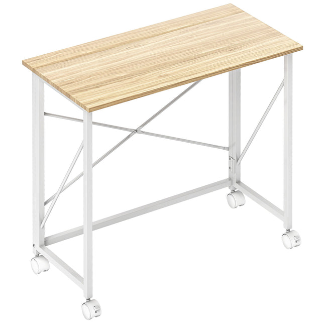 Klapptisch mit Rollen, platzsparend, Stahl MDF, Natur
