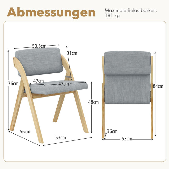Klappbare Esszimmerstuhl-Set, gepolsterte Sitzfläche, Kautschukholzbeine, Grau