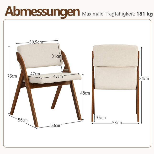 Set of 2 Folding Dining Chairs, Rubberwood Legs, Padded Seats, Brown