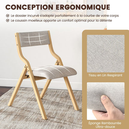 Folding Dining Chairs, Set of 2, Linen, Solid Wood