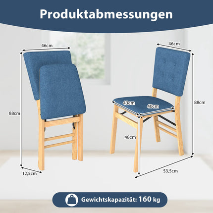 Klappbare Esszimmerstühle 2er-Set, gepolsterte Sitzfläche, Blau Leinen
