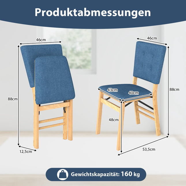 Klappbare Esszimmerstühle 2er-Set, gepolsterte Sitzfläche, Blau Leinen