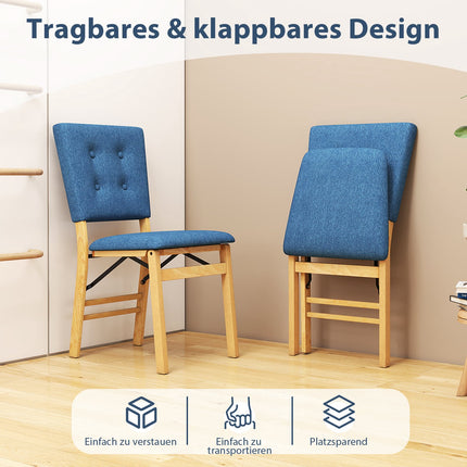 Klappbare Esszimmerstühle 2er-Set, gepolsterte Sitzfläche, Blau Leinen