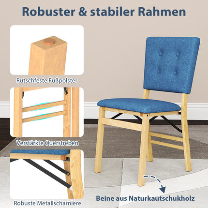 Klappbare Esszimmerstühle 2er-Set, gepolsterte Sitzfläche, Blau Leinen