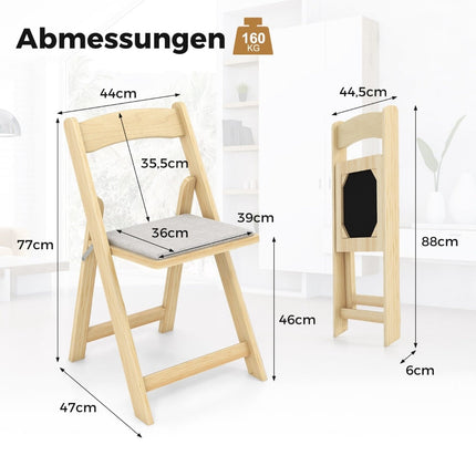 Folding Dining Chairs Set of 2, Padded Seat, Rubberwood