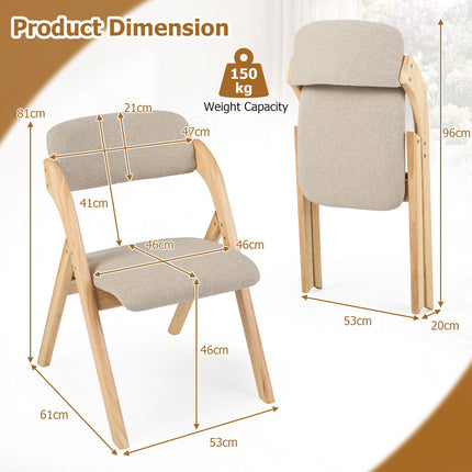 Folding Dining Chairs Set of 2, Rubber Wood, Beige Cushions