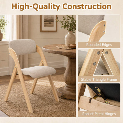 Folding Dining Chairs Set of 2, Rubber Wood, Beige Cushions