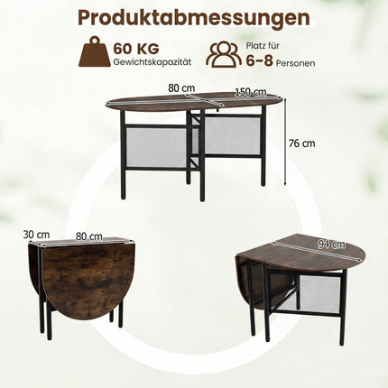 Klappbarer Esstisch für 6-8 Personen, platzsparendes ovales Design