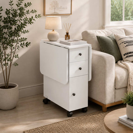 Folding Dining Table with Drawers and Cabinet, White