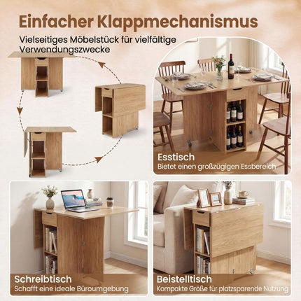 Klappbarer Esstisch mit Rollen, Ablagen, Schublade