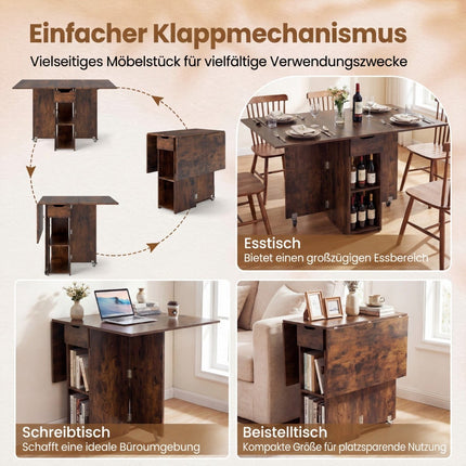 Klappbarer Esstisch mit Rollen, Regalen und Schublade
