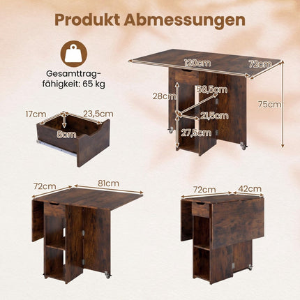 Klappbarer Esstisch mit Rollen, Regalen und Schublade