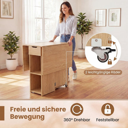 Klappbarer Esstisch mit Rollen, Ablagen, Schublade