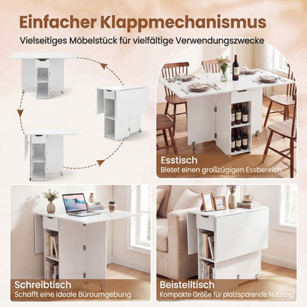 Klappbarer Esstisch mit Rollen, Regalen, Schublade – Weiß
