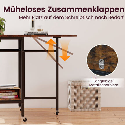 Folding Dining Table with Wheels & Wine Rack, Rustic Brown