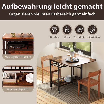 Folding Dining Table with Wheels & Wine Rack, Rustic Brown