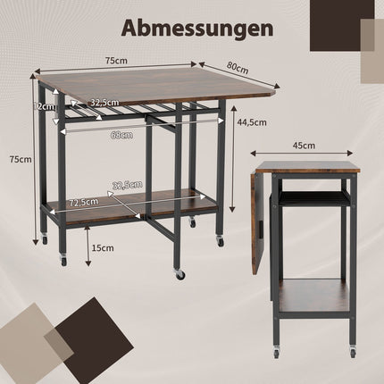 Folding Dining Table with Wheels & Wine Rack, Rustic Brown