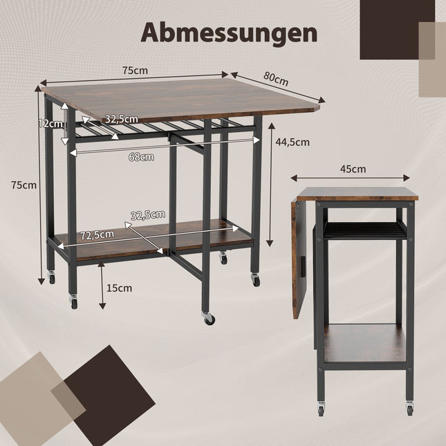 Klappbarer Esstisch mit Rollen & Weinregal, Rustikales Braun