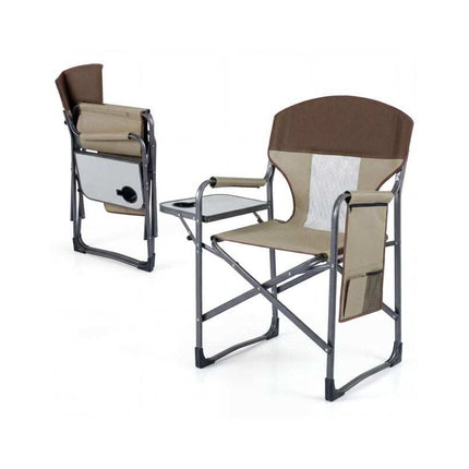 Folding Director's Chair with Side Table and Cup Holder, Brown-Grey, 180 kg