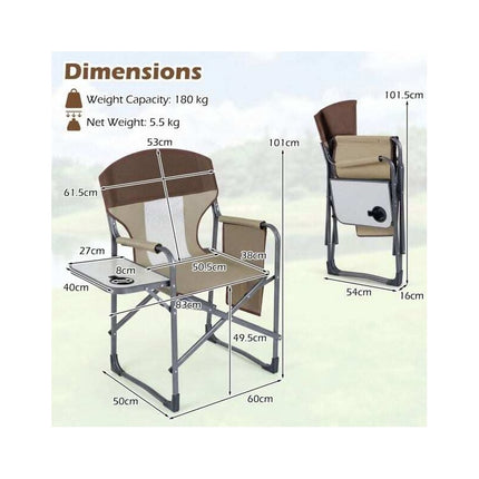 Folding Director's Chair with Side Table and Cup Holder, Brown-Grey, 180 kg